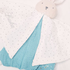 Organic cotton doudou rabbit comforter in blue.